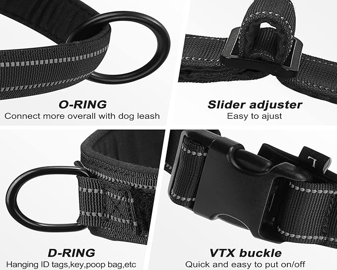 Dog Harness, No Pull Reflective Adjustable Harness for Medium Large Dogs, Escape Proof, Lightweight, Breathable, Oxford Nylon, 360째 Chest Strap, Back Control Handle, Black M
