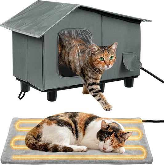Elevated Heated Cat House for Outdoor - Weatherproof Feral Cat Shelters for Winter with Escape Door, 100% Waterproof PVC Roof Insulated Pet House for 1-2 Cats, Gray