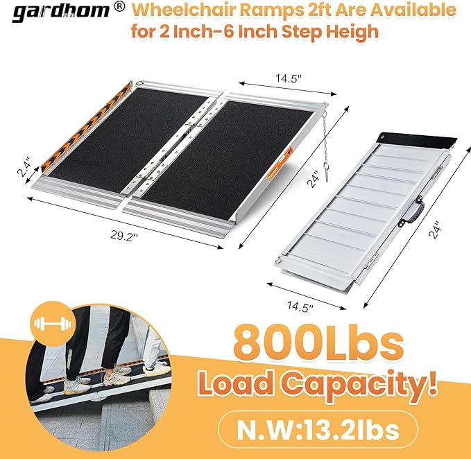 gardhom Portable Wheelchair Ramp 2 Feet, Anti-Slip Aluminum Folding Handicap Ramp Wheel Chair Ramp for Home Steps Entrance Threshold Doorways Stairs Curbs Scooter, 800LBS Capacity
