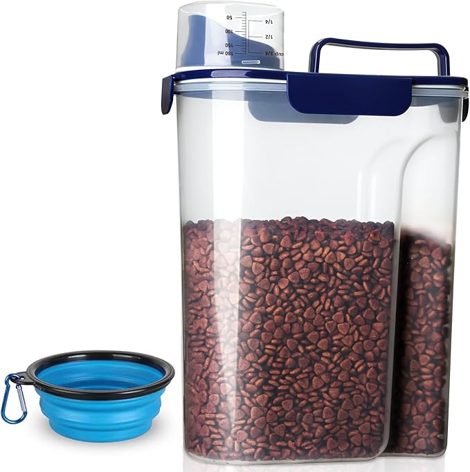 Dog Food Storage Container, 5-7 Lbs Airtight Pet Food Container, Cat food Container Dispenser with Portable Handle, Pouring Spout and a Collapsible bowl for Dogs Cats Navy Blue/6Qt