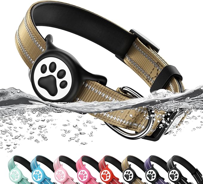 Airtag Dog Collar, Reflective Ultra-Durable Nylon Padded with QR Code Buckle & IP68 Waterproof Air Tag Holder Compatible for Apple AirTag, Comfortable for Small Medium Large Dogs(Brown,L)
