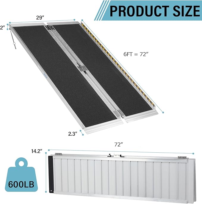 5FT Wheelchair Ramp, Anti-Slip Aluminum Folding Portable Handicap Threshold Entry Ramp for Home, Doorways Steps, Scooter, Stairs, 600LBs Capacity