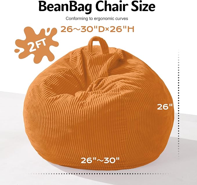 Homguava 2FT Bean Bag Chair,Teardrop Bean Bags Small Beanbag Chair with Memory Foam Filled and Ultra Soft Corduroy Cover for Living Room, Bedroom(Orange)
