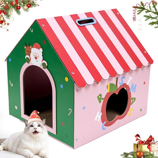 WUGO Christmas Cat Scratcher House - Cardboard Cat House with 2pcs Scratching Pad 16.5"x16"x17" Christmas Valentine's Day Decorations Scratcher for Kitty Play House for Indoor Cats’ Birthday Cats Red