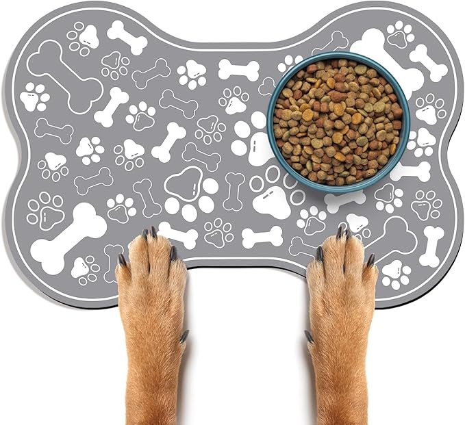 Dog & Cat Food Mat Bone Shaped Pet Feeding Mat Quick Absorb Water Bowl Placemat with Rubber Backing Indoor Floor Stain Resistant Pet Accessory Supplies (Grey Small, 12x18 Inches)