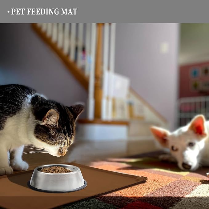 Waterproof Pet Feeding Mat with High Raised Edges, Heavier and Thicker Placemats for Cat Dog Water Bowl with BPA Free, Dogs Cats Food Mats for Messy Drinkers to Prevent Spill and Protect Floors