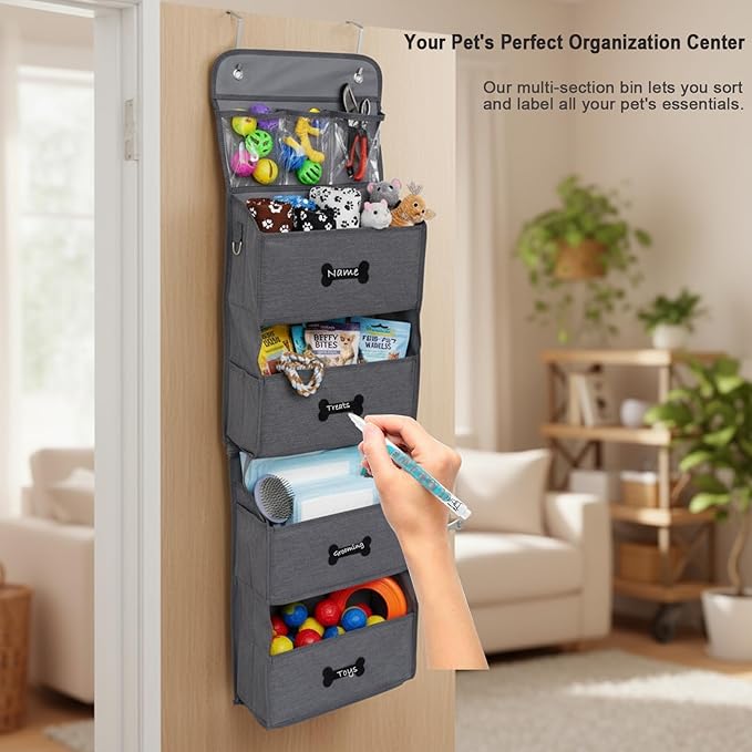 4-Shelf Dog Storage Organizer for Dog Toys,Over Door Basket for Pet Stuff with 2 Metal Hooks,4 Large Pockets for Dogs Leash,Harness,Toys,Treats-with DIY Tag-48''(Height)-Grey ﻿