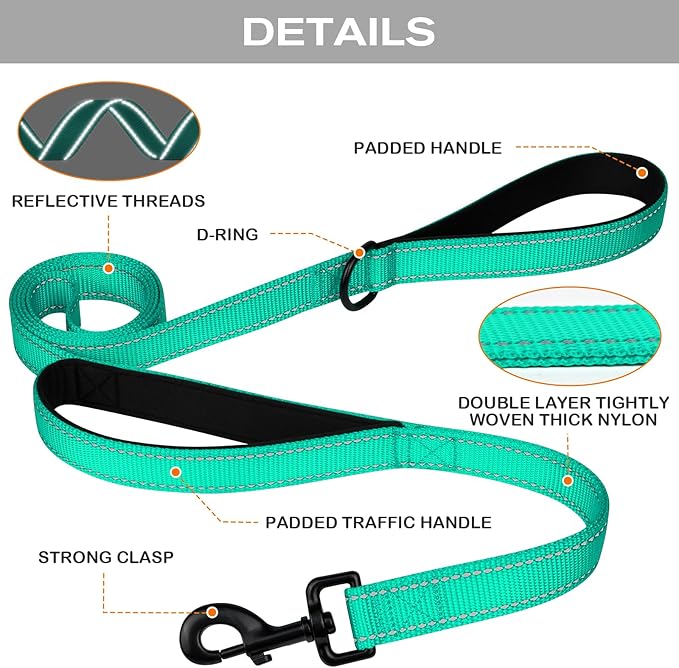 Joytale Dog Leash Heavy Duty for Large Dogs That Pull, Double Handle for Traffic Control, Double-Sided Reflective Leashes for Large Medium Dogs Night Safety, 4FT, Teal