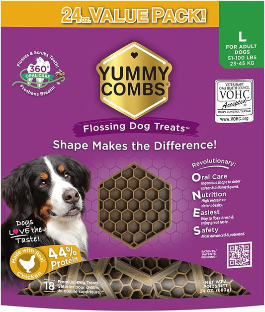 Yummy Combs Dog Dental Treats – Vet VOHC Approved – Delicious Chicken Protein – Removes Tartar with Cleaning Comb Shape – Dental Dog Treats for Large Dogs (24oz, 18 Count)