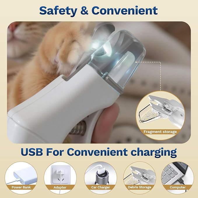 2 in 1 Dog Nail Clippers & Cat Nail Clippers Trimmers for Large Medium Small Dogs Cats Claw Trimmer Quick Sensor and Safety Guard USB Rechargeable Dogs Nail Trimmer with Catcher & 2 LED Lights