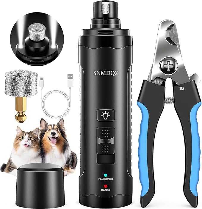 Dog Nail Grinder, Dog Nail Trimmers, and Clippers Kit with 2 LED Lights. Super Quiet Electric Pet Nail Grinder, Rechargeable, for Small, Medium, and Large Dogs & Cats, 2 Diamond Grinding Wheels.