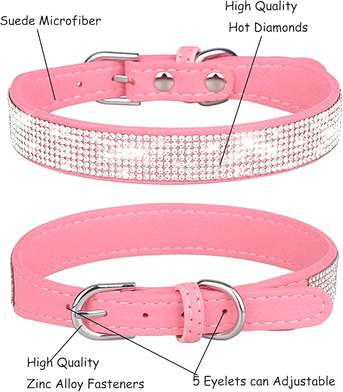 Bling Dog Collar for Small Medium Large Dogs, Rhinestone Dog Collars for Girl and boy Dog, Diamond Puppy Collars, Adjustable Leather Suede SOFE Cat Collar (M(13"-15.4"/33CM-39CM), Pink1)
