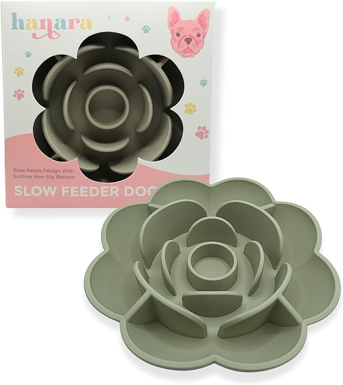 Hanara Sillicone Slow Feeder Dog Bowls & Lick Mat with Suction Bottom | Rose Petals Design | Promotes Better Digestion, Prevent Choking | Dish Washer Safe | Great Size for All Breed (Sage Green)