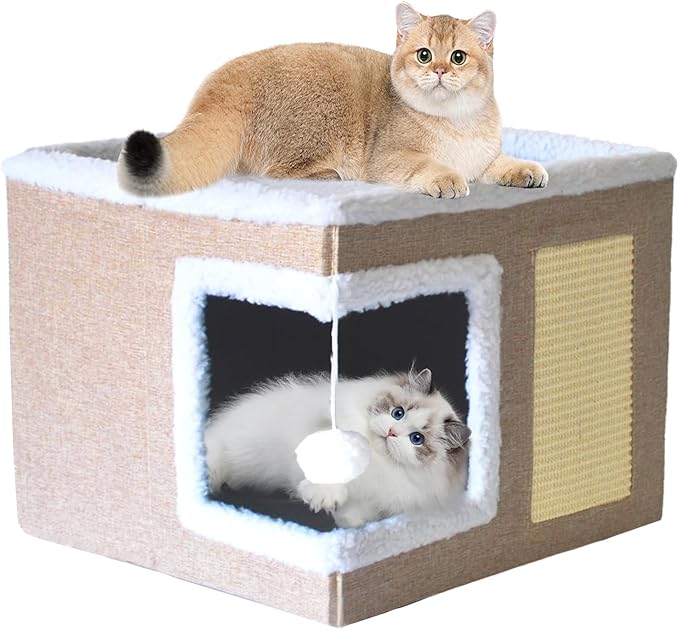 Cat Bed for Indoor Cats Cube House,Large Covered Cat Beds Cave & Furniture with Fluffy Ball and Scratch Pad Foldable Hideaway Nest & Condo with Washable Mat for Kitten Kitty Small Pet(Beige)