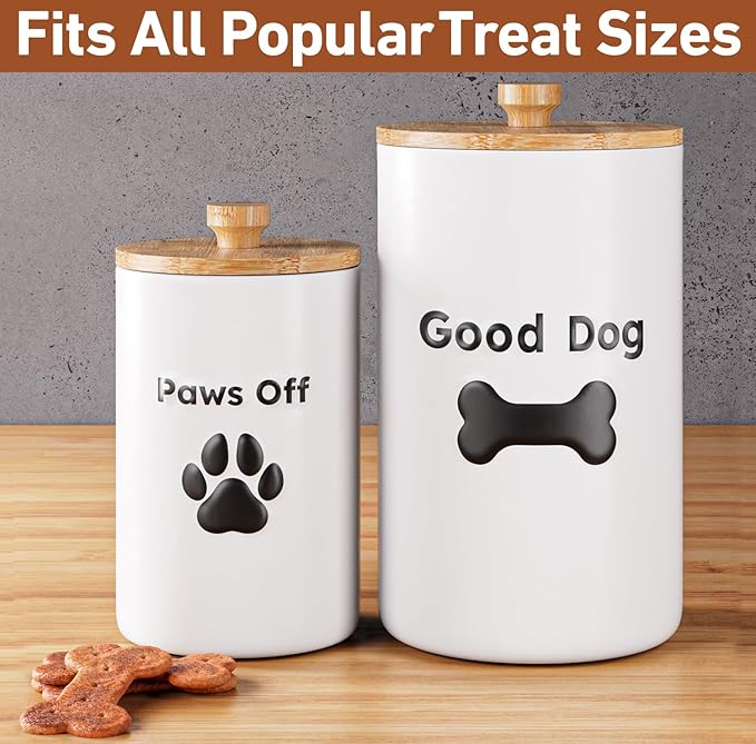 Dog Treat Container Airtight Set of 2 - 9x5 & 7x4 inch Ceramic Dog Treat Jars for Kitchen Counter with Airtight Lids - 11 Cup Capacity Pet Treat Container Set - Doggie Cookie Jar - Big Treats Canister