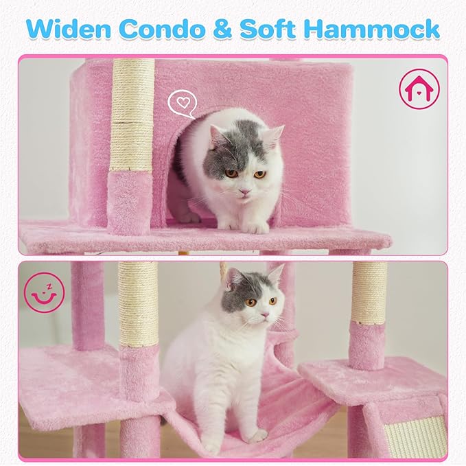 Cat Tree Tower 63in Multi-Level Cat Tower for Indoor Cats with Sisal Scratching Posts, Condo, Hammock, Dangling Ball and Extended Platform for Cats to Play, Pink