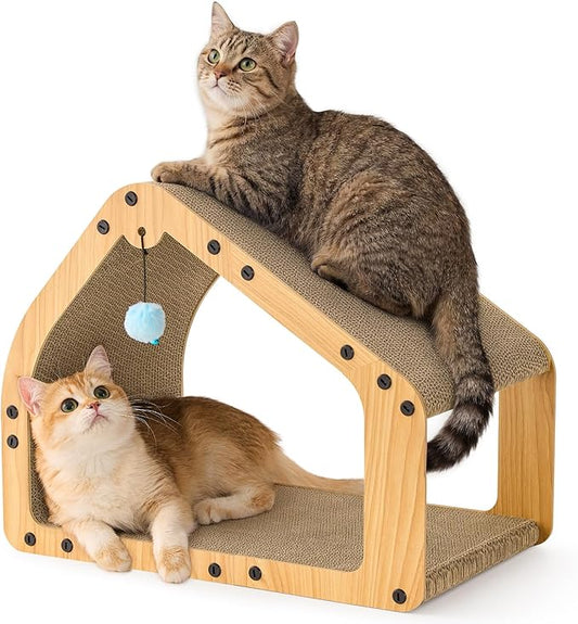 20'' Cardboard Cat Scratcher House - Large Cat Scratching Board with Balls, Cat Lounger as Tunnel for Indoor Cats and Kittens, Safe & Secure, Brown
