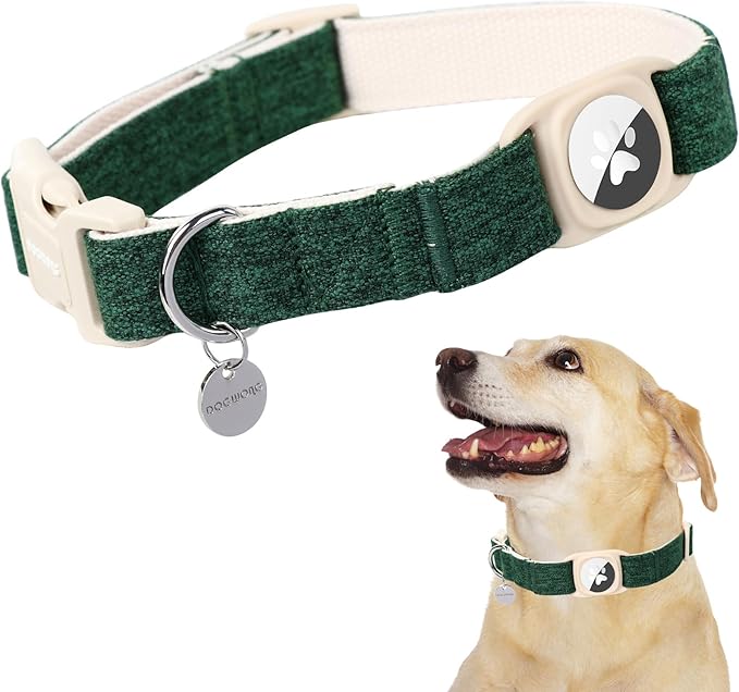 DOGWONG Cotton Hemp Dog Collar, Heavy-Duty with Airtag Holder, Christmas Green, Natural Durable Material, for Small Medium Large Dogs