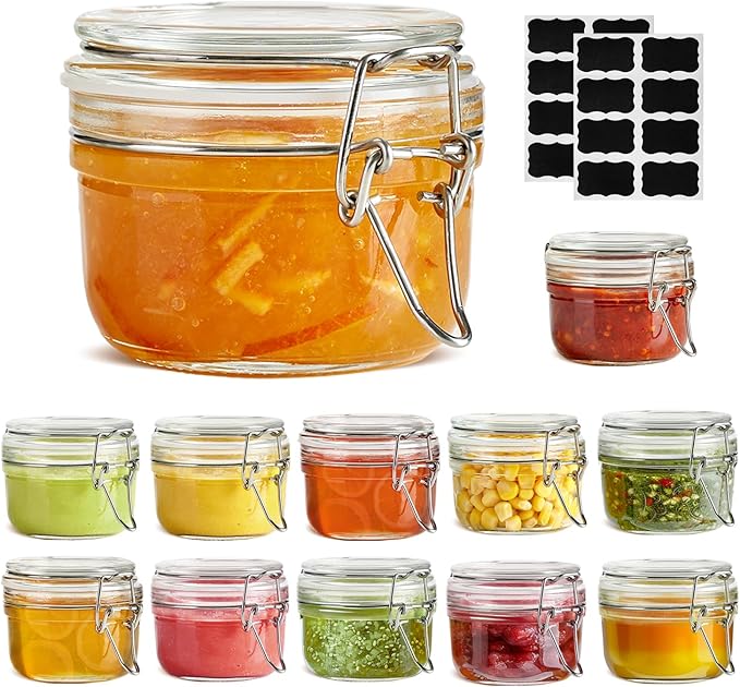 ComSaf 4oz Small Airtight Glass Jars Set of 12 with Lids Food Storage Jar Round, Mason Jar, Mini Storage Container with Clear Preserving Seal Wire Clip Fastening for Kitchen Canning, Jam, Spice, Honey
