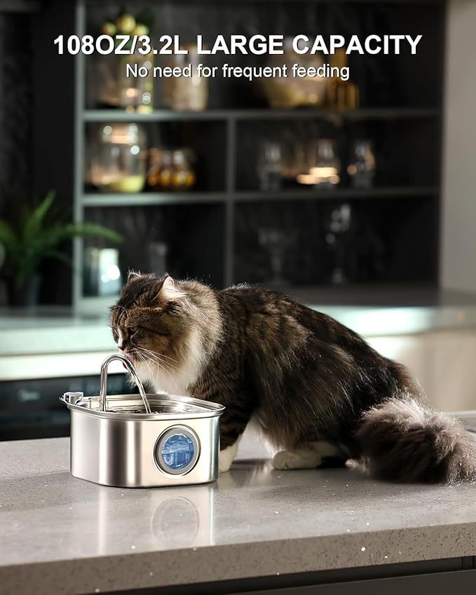 Cat Water Fountain, 3.2L/108oz Stainless Steel Pet Water Fountain, cat Fountain with Super Quiet &Transparent Window Design- Water Fountains for Cats Indoor