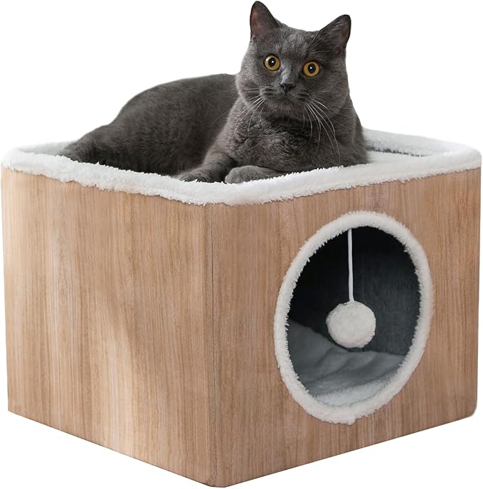 LUCKITTY Cat Condo House with Reversible Cushions and Fluffy Ball Hanging, Foldable Cat Cube, Large Cave Bed for Indoor Kittens, Brown Wood Grain Pattern