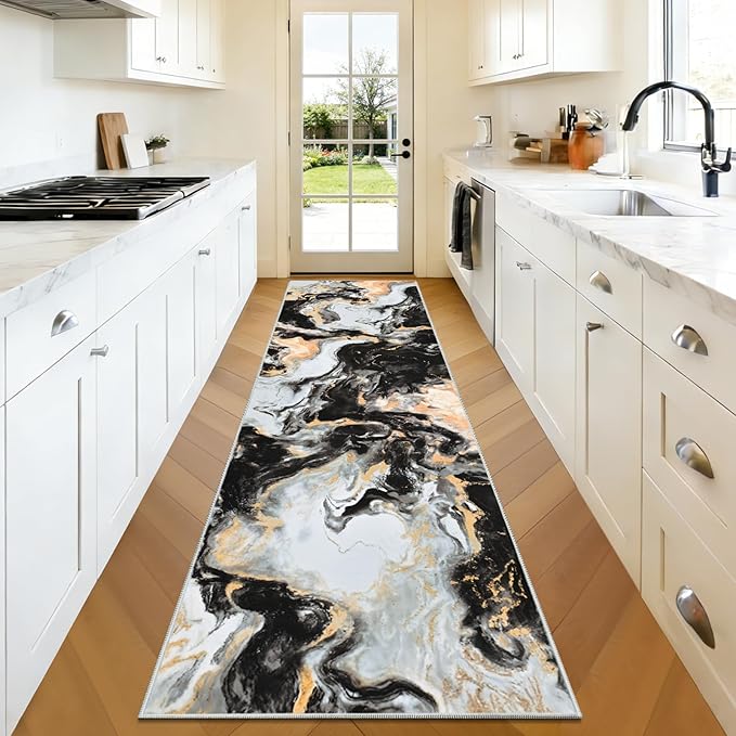 Yinhua 2x7'3 Runner Rug for Hallway, Marble Black and Gold Rugs Non Skid, Washable Kitchen Runner Rug Non Slip, Soft Modern Area Rugs Low Pile, Abstract Carpet for Bathroom Entryway Laundry