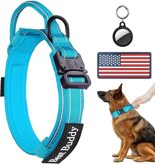 AUBELL Reflective Tactical Dog Collar,Adjustable Military Heavy Duty K9 Collars with Handle and Quick Release Metal Buckle Great for Extra Large Dogs, with Airtag Case and 2 Patches (Blue,XL)