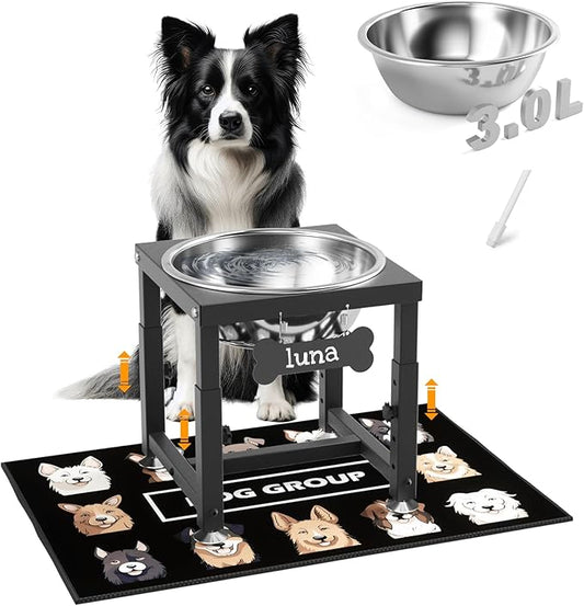 0.8 Gallon Elevated Dog Water Bowl for Medium Dog, 4-Height Adjustable (8–12.2'') Raised Stainless Steel Bowl with Spill-Proof Mat & Sturdy Metal Stand, Easy-Clean Feeder for Indoor/Outdoor Use