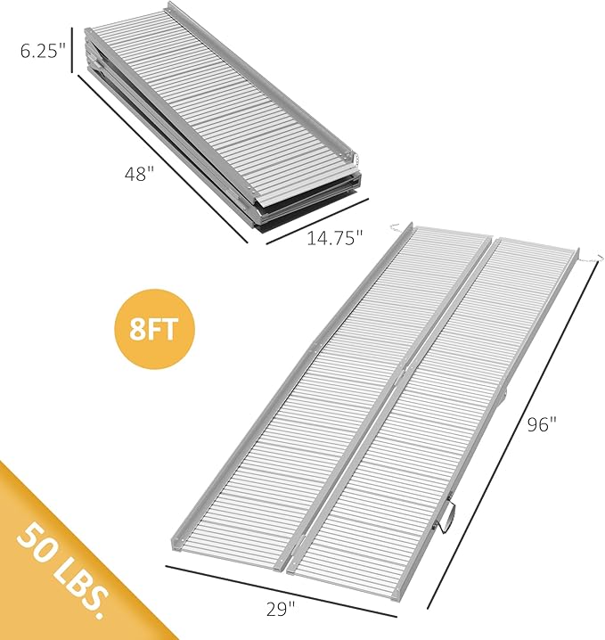 HOMCOM Wheelchair Ramp 8FT, Foldable Aluminum Threshold Ramp with Non-Slip Surface and Handle, 600lbs Weight Capacity, Suitcase Handicap Ramp for Home, Doorways, Curbs, Steps