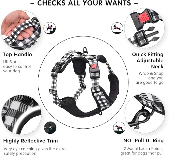 PoyPet No Pull Dog Harness, [Neck Release] Reflective Adjustable No Choke Pet Vest with Front & Back 2 Leash Attachments, Soft Control Training Handle for Small Dogs(Grid,L)