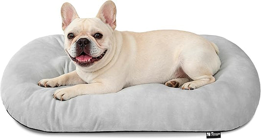 Durable & Washable Dog Bed for Small Medium Dogs & Cats, Plush Faux Silver Fox Fur Oval Bed with Non-Slip Bottom & Supportive Pad, 29”x18” Light Grey