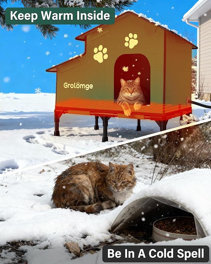 Large Outdoor Heated Cat House for Multiple Cats, Weatherproof Insulated Spire Roof Shelter