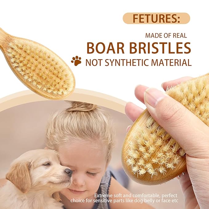 Dog Brush Cat Brush, Vokiuler Double Sided Bristle and Pin Pet Brush for Dog Grooming, Real Boar Bristle Shedding Brush with Bamboo Handle for Long Short Hair, 2 Pack Dog Comb, White