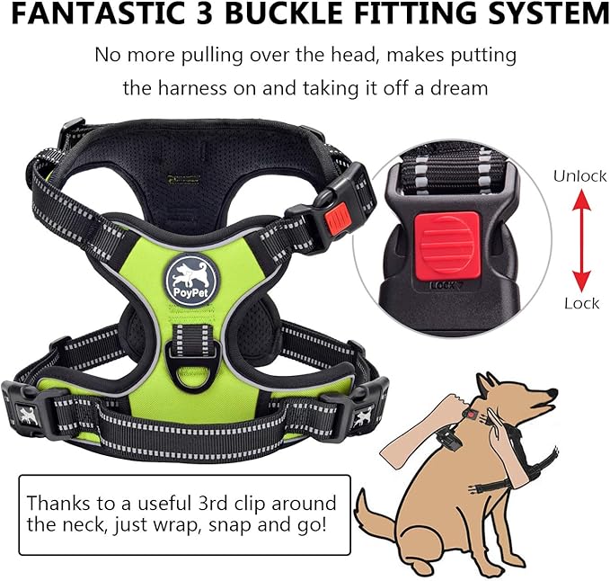 PoyPet No Pull Dog Harness, No Choke Front Clip Dog Reflective Harness, Adjustable Soft Padded Pet Vest with Easy Control Handle for Small to Large Dogs(Green,L)