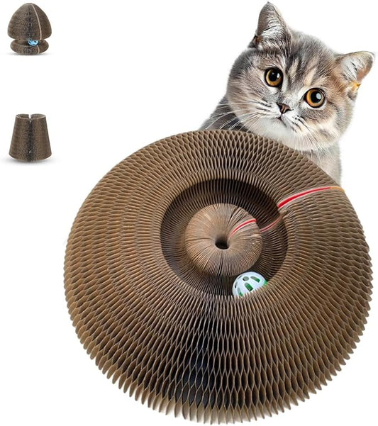 Kitty Kurlz Magic Organ Cat Scratcher Toy, Expandable Cardboard Cat Scratching Board, Interactive Cat Tunnel & Cat Bed with Bell Ball, Helps Protect Furniture & Keep Cats Active