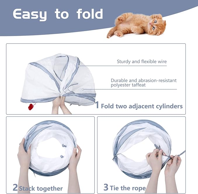 Sheldamy Cat Tunnel, 2-Way Cat Tunnels for Indoor Cats, Collapsible Cat Play Tunnel, Interactive Toy Maze Cat House with 1 Play Ball for Cats, Puppy, Kitty, Kitten, Rabbit (White & Grey)
