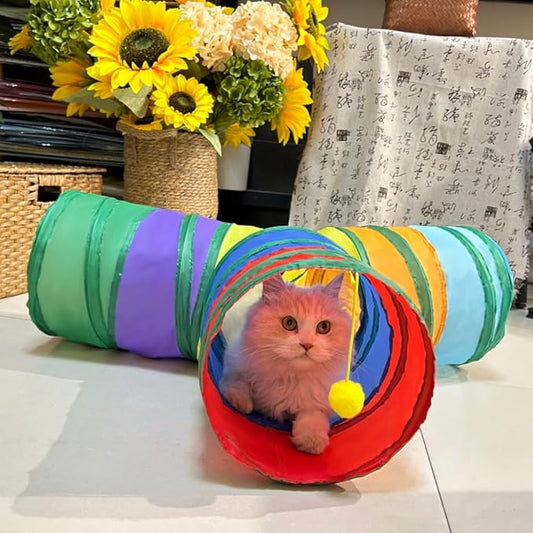 Cat Tunnel Tube Toy Collapsible 3 Way Rainbow T-Shape, Pet Tunnels for Indoor Cats, Hanging Ball Perfect for Kitten, Puppy, Rabbit, Interactive Toys for Fun Playtime & Exercise