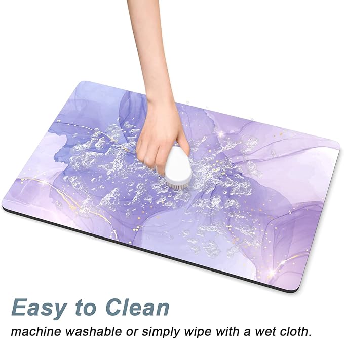 Rnivvi Dog Food Mat, 16" x 24" Marble Absorbent Dog Cat Bowl Mat for Food and Water, Cute Anti-Slip Rubber Pet Feeding Rug Protect Floors, Puppy Placemat for Feeding & Watering Supplies, Purple