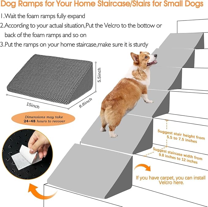 Update 40D Small Dog Steps/Stairs for Staircase, Foam Dog Pet Ramps for Small Dogs, Non-Slip Pet Ramps for Stairs Inside House, Stair Ramp for Injured Dogs Cats with Anti-Slip Strip, 6 Pack