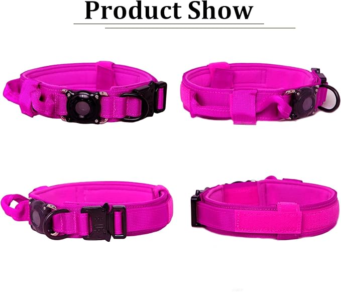 Xqpetlihai Upgraded AirTag Dog Collar Waterproof Tactical Dog Collar with AirTag Holder Heavy Duty Dog Collars for Large Dogs (Rose Red，M