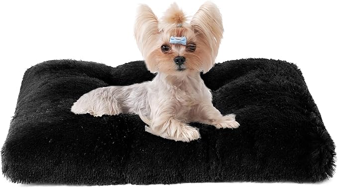 EHEYCIGA Fluffy Dog Crate Bed for Small Dogs, Plush Faux Fur Crate Pad, Calming Anti Anxiety Small Dog Bed, Washable Soft Warm Mat with Non-Slip Bottom, Black