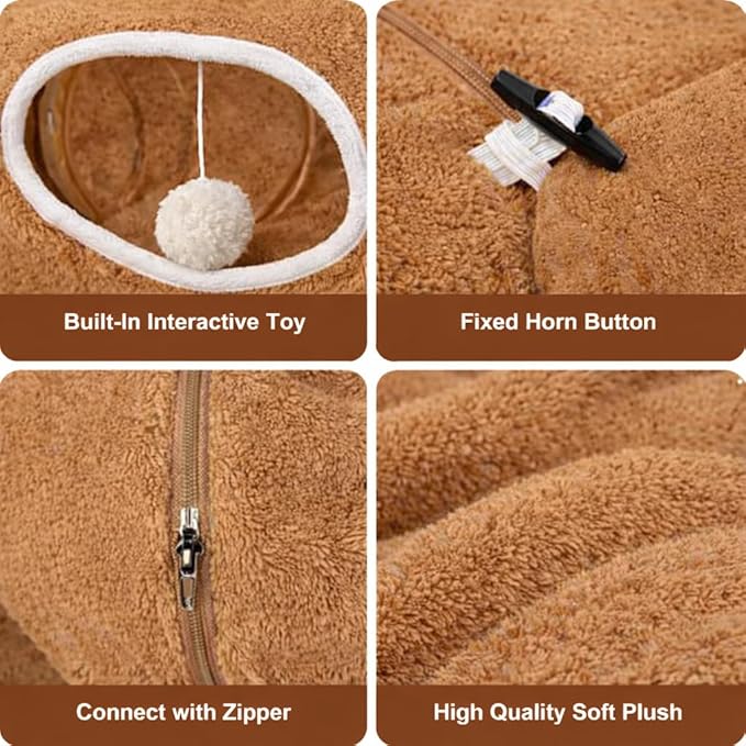 R1M Cat Tunnel Bed for Indoor Cats, Cute Cat Donut Tunnel Toys for Small, Larger Cats with Two Fish Cat Toys, Round Pet Peekaboo Cave Toy for Kitten, Brown