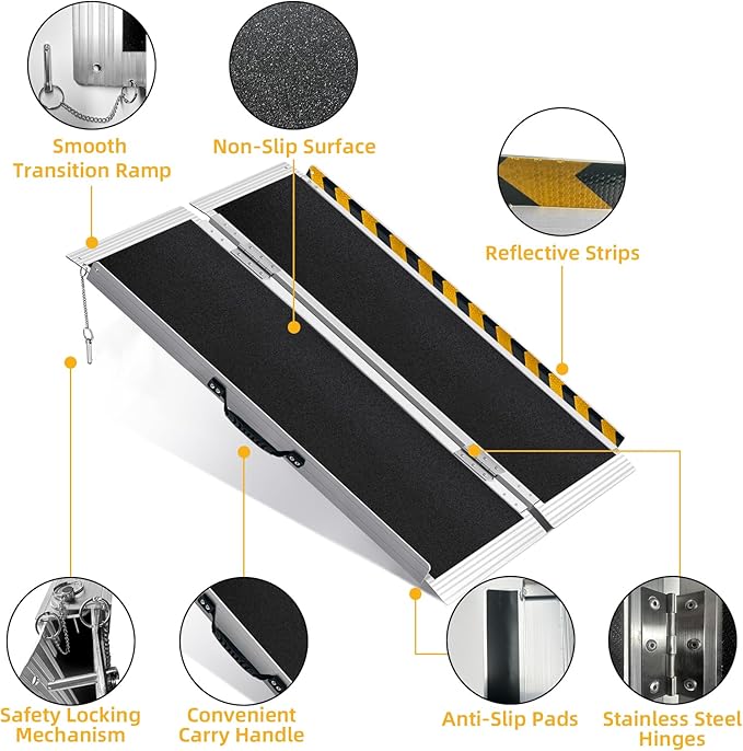 4FT Portable Wheelchair Ramp, Non-Slip Aluminum Folding Handicap Ramp for Home Steps, Stairs, Threshold and Doorways, Scooter Ramps, 800LBS Capacity