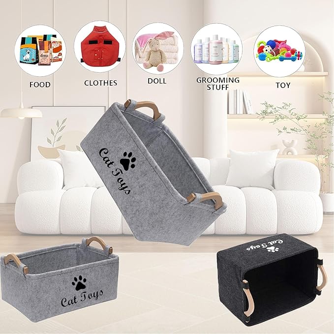 CozyCove Felt pet Toy Box Collapsible Pet Supplies Storage Basket cat toy box storage basket chest organizer, Fabric Storage Bin for Organizing Pet Toys, Blankets, Leashes, and Food grey pet Toy Box