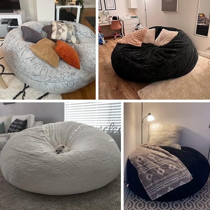(No Filler Bean Bag Chair Cover Without Filler,Big Round Soft Fluffy PV Velvet Washable Bean Bag Lazy Sofa Bed Cover for Adults,Living Room Bedroom Furniture Outside,5ft Black