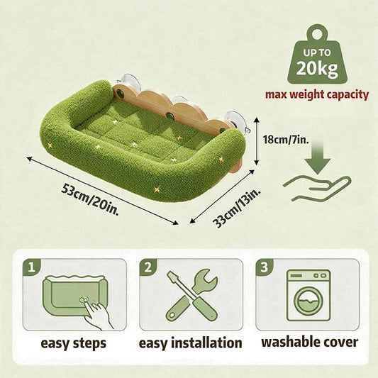 Cat Window Perch, Window cat Bed,Soft Cushion with Four Powerful Suction Cups,Nature Indoor Pet Shelf,Green