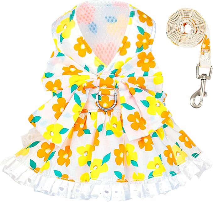 Dog Harness Dress Leash Set for Small Dog Summer Clothes Girl Female Puppy Cats Outfits Cute Floral Bowknot Princess Birthday Dress for Extra Small Pet Doggie Kitten Outfits Apparel(Yellow,M)