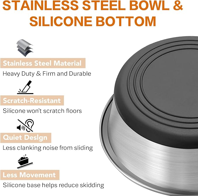 Stainless Steel Dog Bowls Set of 2, Extra Thick Metal Bowls, with Non-Slip Rubber Base Dog Bowl, BPA Free, Holds 8 Cups(59 fl oz), for Small Dogs, Black