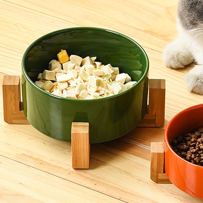 Petygooing Ceramic Cat Dog Bowl Set with Stand,Small Dog Bowls, Pet Food and Water Dish, Anti Slip Set of 2 Cat Bowls- Cute Modern Pet Food Bowl Small Size Dog (13.5OZ/5.1 in) Rust Green