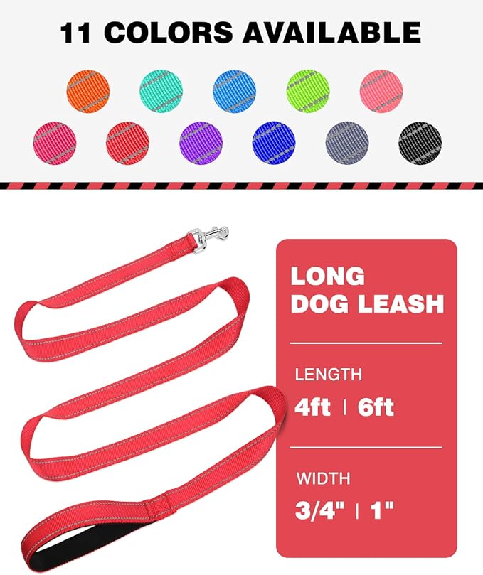 Reflective Dog Leash 4ft Soft Padded Handle Nylon Lead for Small & Medium Dogs, Durable Walking Training Leash for Night Safety (Red,3/4Inch Wide)